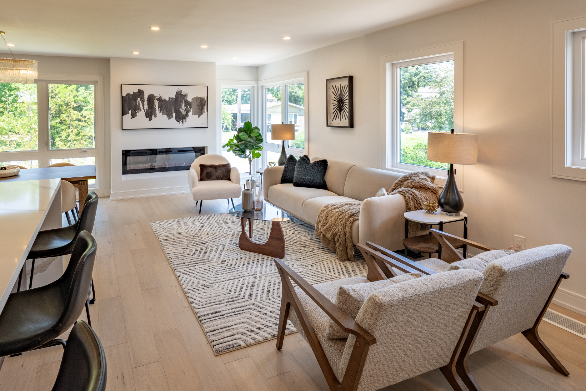 Elegant living room with fireplace and modern furniture